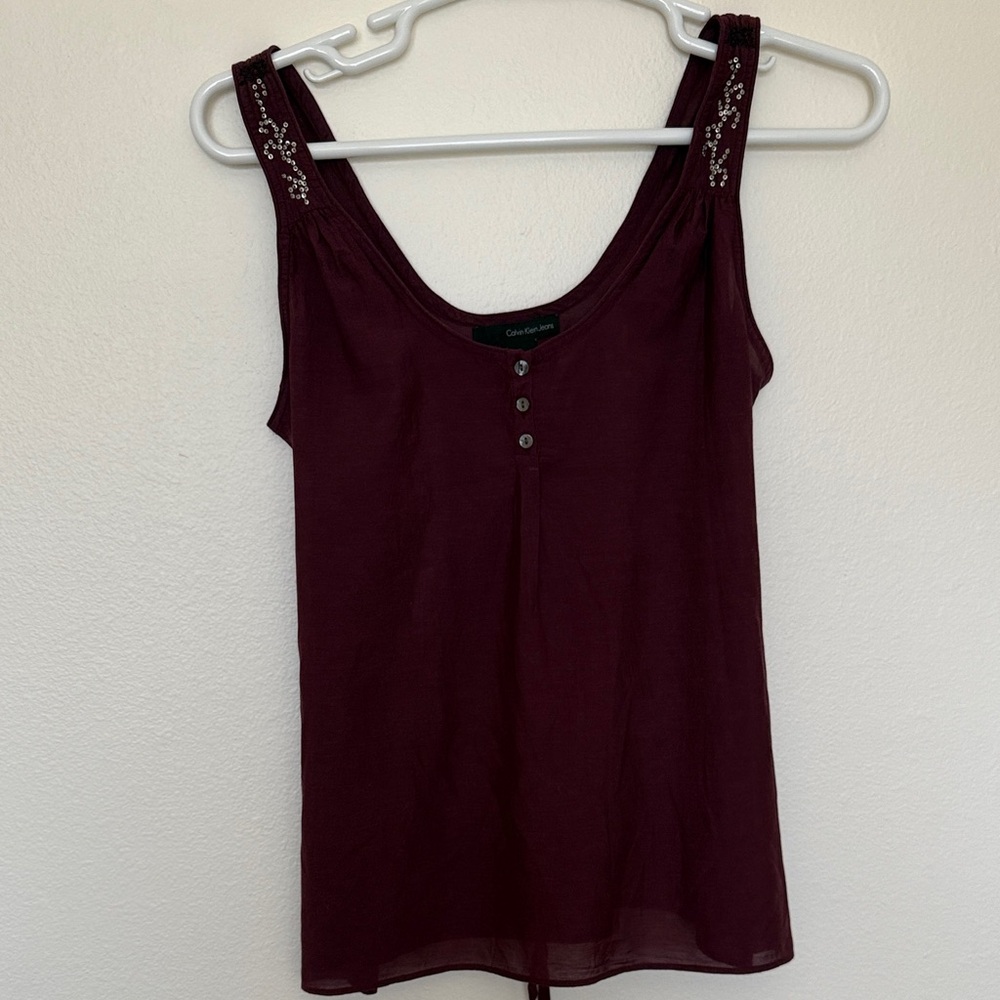 Vintage Calvin Klein Jeans Burgundy Beaded-Shoulder Scoop Neck Tank